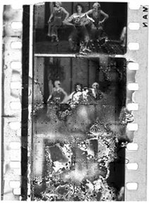 Film strip showing the effects of nitrate decomposition to the image. (Source: Cinecon Classic Film Festival, cinecon.org)